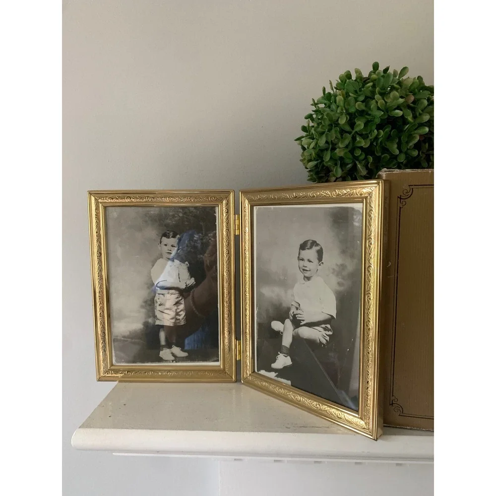 Vintage Louis Michel Co Solid Brass Double Folding 5x7 Picture Frame Gold Etched